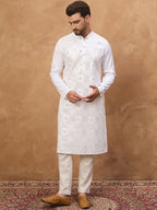 Men White Silk Blend Solid Embroidered Straight Kurta With Pant Set-MKSET1444