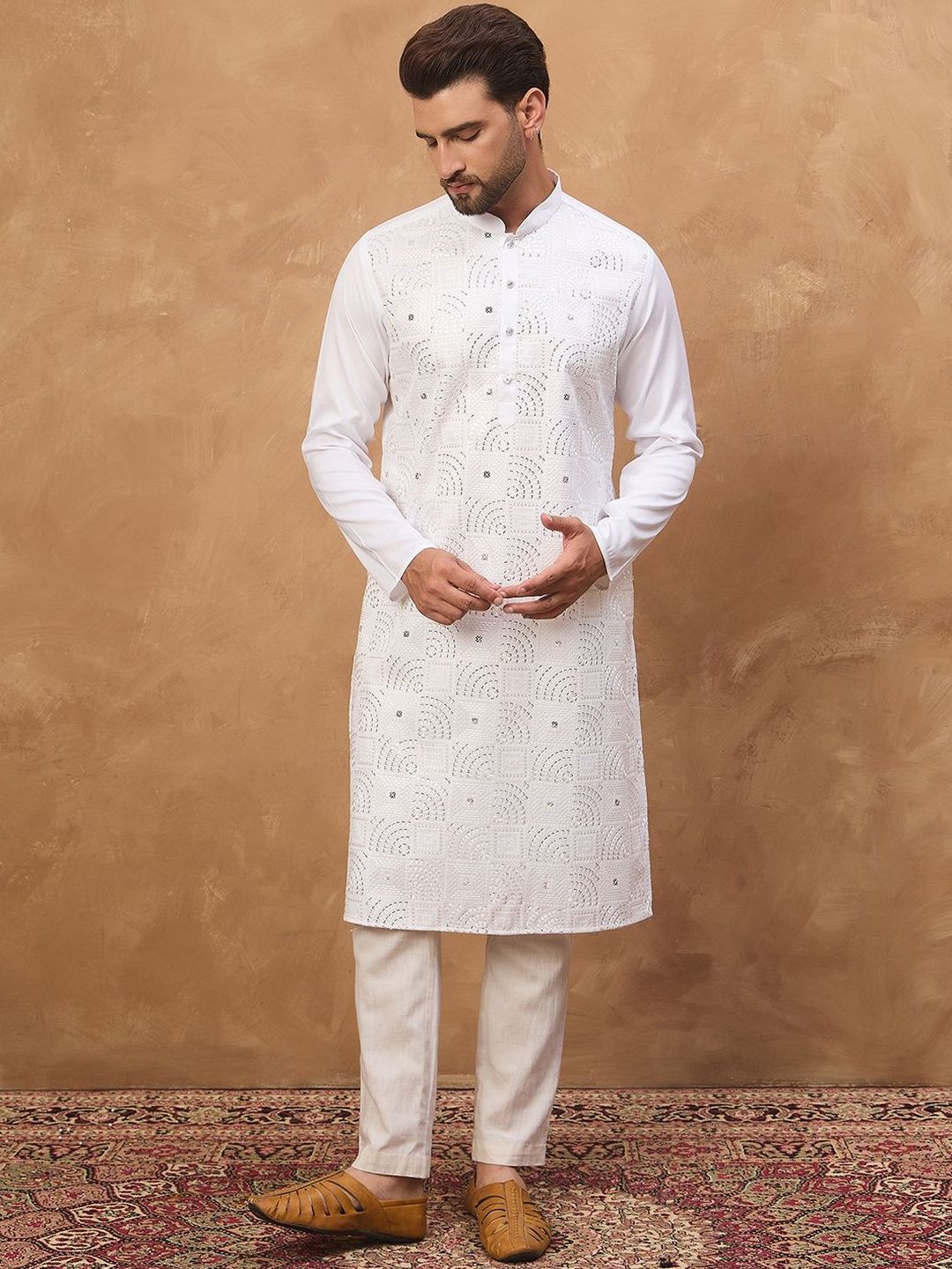 Men White Silk Blend Solid Embroidered Straight Kurta With Pant Set-MKSET1444
