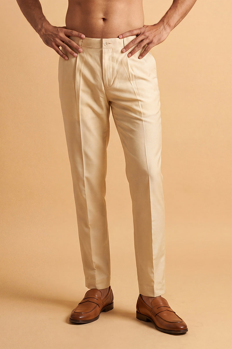 Cream Modal Relaxed Straight Fit Pleated Trousers MBOT1009