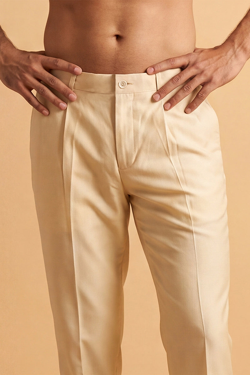 Cream Modal Relaxed Straight Fit Pleated Trousers MBOT1009
