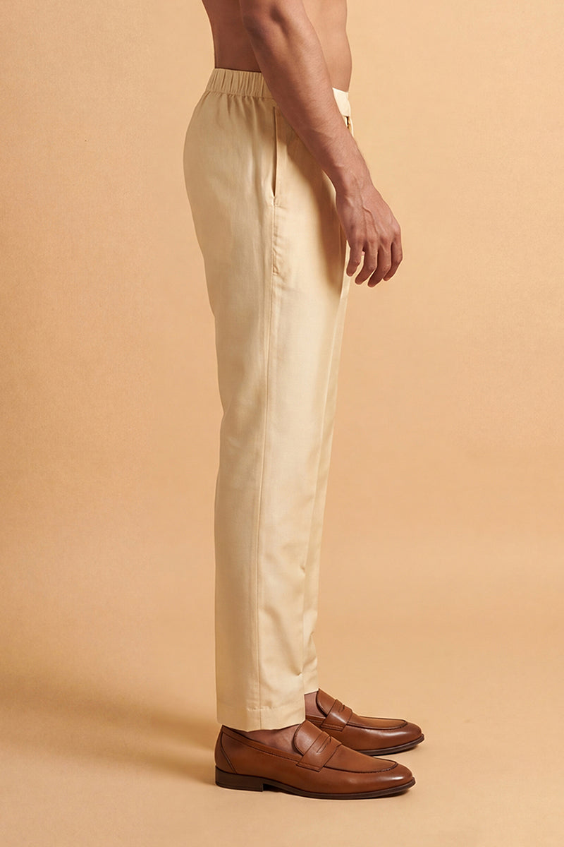 Cream Modal Relaxed Straight Fit Pleated Trousers MBOT1009
