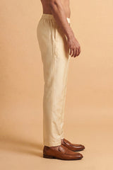 Cream Modal Relaxed Straight Fit Pleated Trousers MBOT1009
