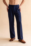 Blue Modal Relaxed Straight Fit Pleated Trousers MBOT1010