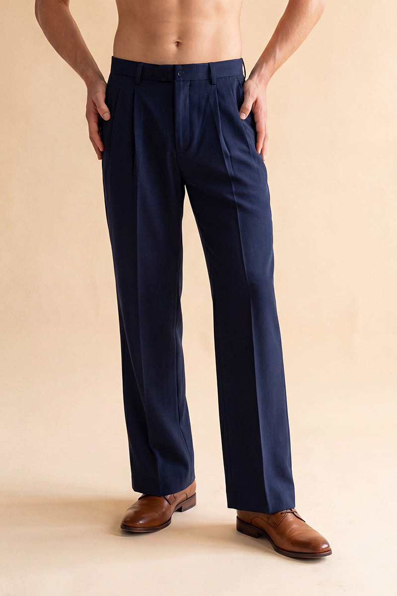 Blue Modal Relaxed Straight Fit Pleated Trousers MBOT1010
