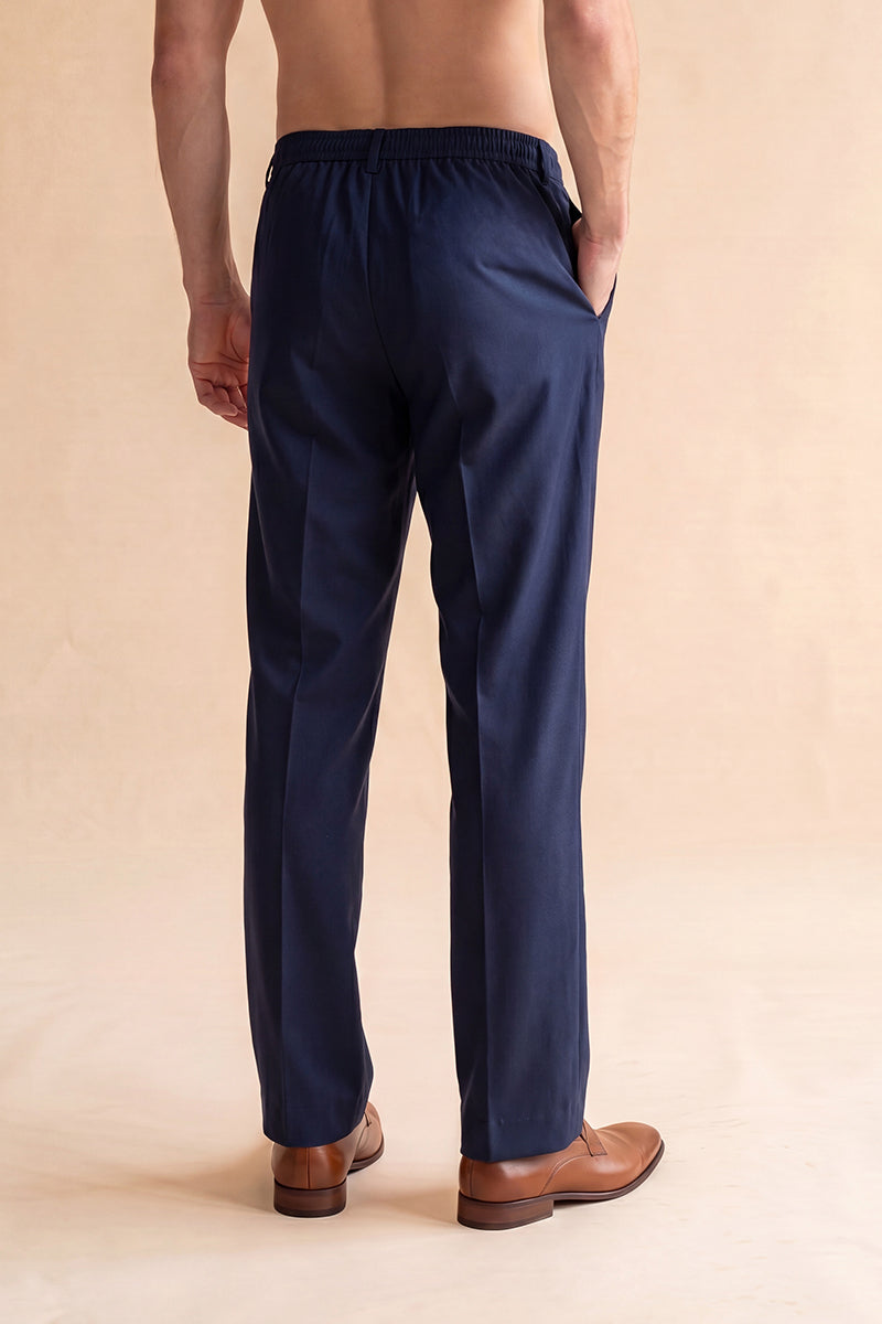 Blue Modal Relaxed Straight Fit Pleated Trousers MBOT1010