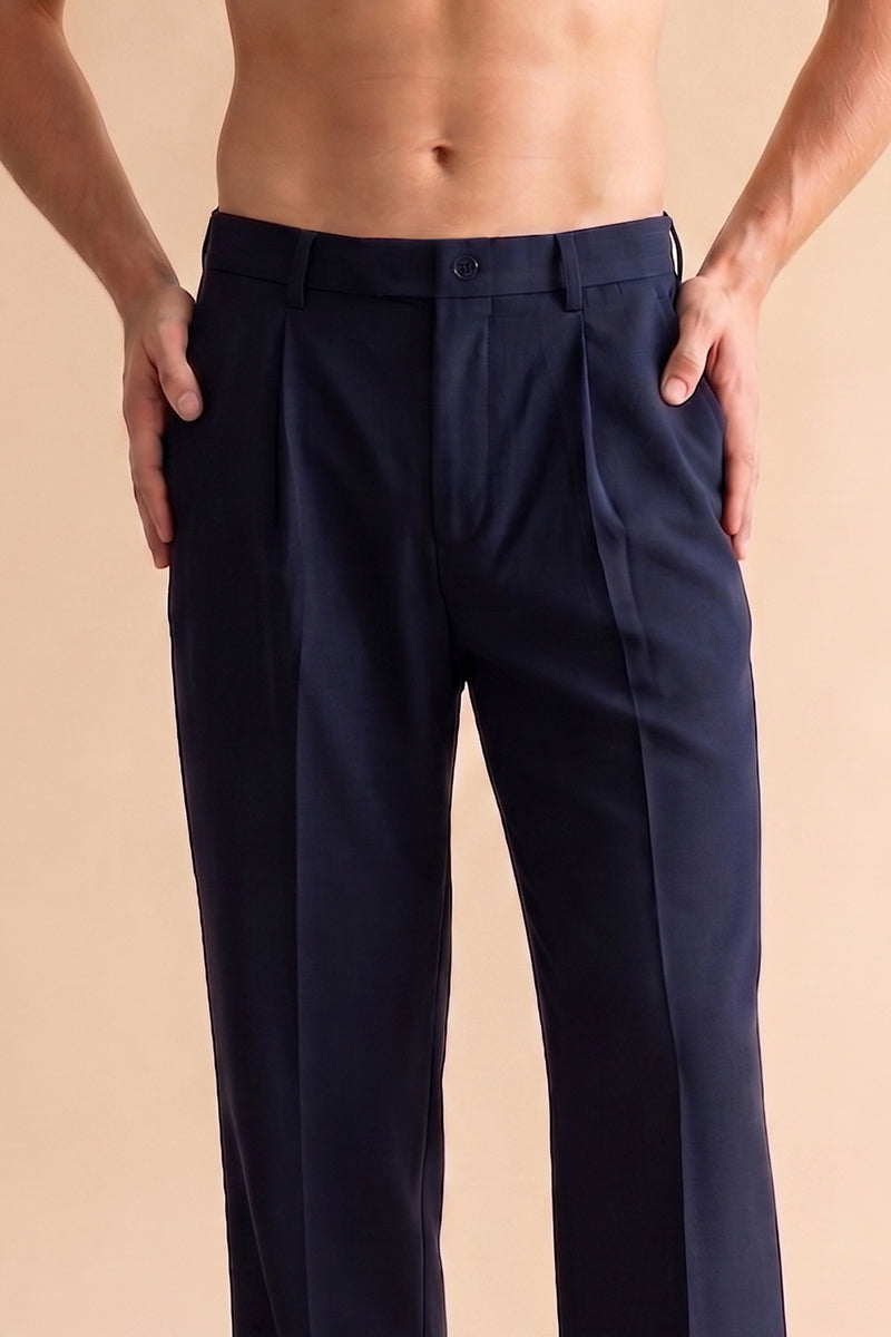 Blue Modal Relaxed Straight Fit Pleated Trousers MBOT1010