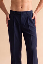 Blue Modal Relaxed Straight Fit Pleated Trousers MBOT1010