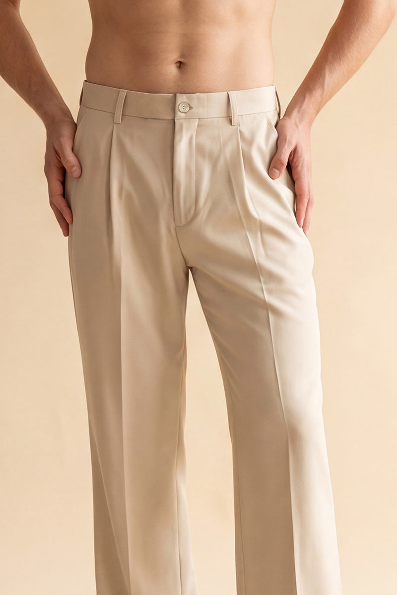 Cream Modal Relaxed Straight Fit Pleated Trousers MBOT1011