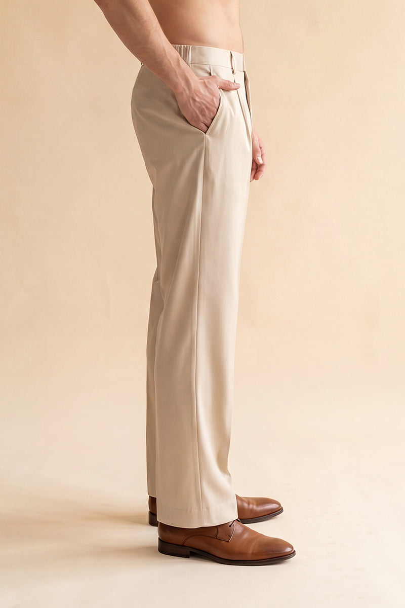 Cream Modal Relaxed Straight Fit Pleated Trousers MBOT1011