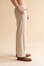 Cream Modal Relaxed Straight Fit Pleated Trousers MBOT1011