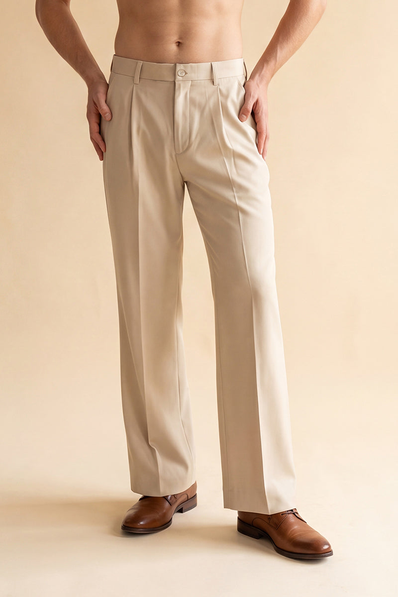 Cream Modal Relaxed Straight Fit Pleated Trousers MBOT1011