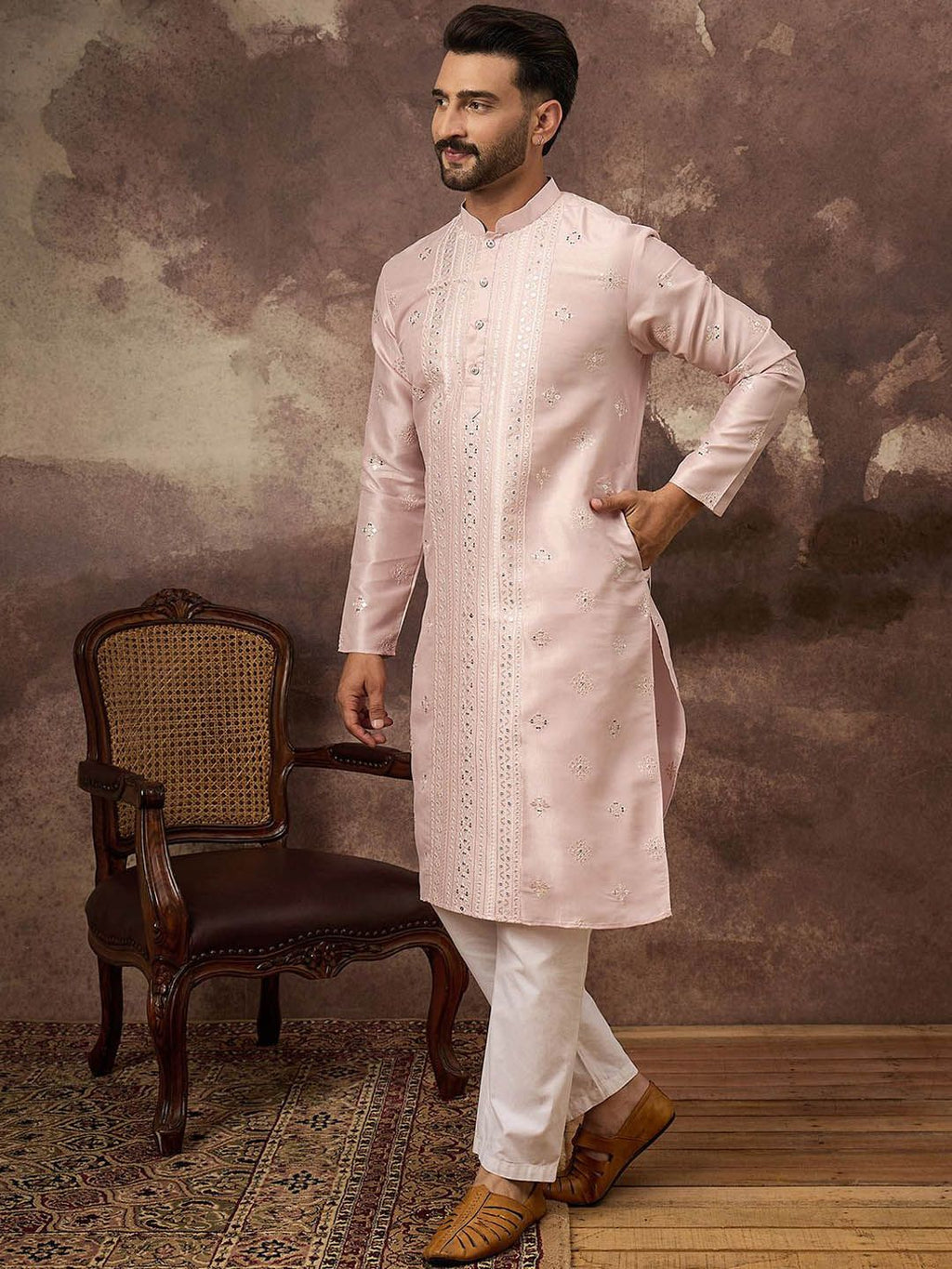 Men Pink Silk Blend Solid Embroidered Straight Kurta With Pant Set-MKSET1362
