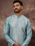 Men Blue Silk Blend Solid Embroidered Straight Kurta With Pant Set-MKSET1365