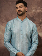 Men Blue Silk Blend Solid Embroidered Straight Kurta With Pant Set-MKSET1365