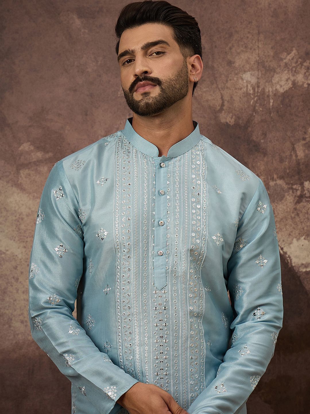 Men Blue Silk Blend Solid Embroidered Straight Kurta With Pant Set-MKSET1365