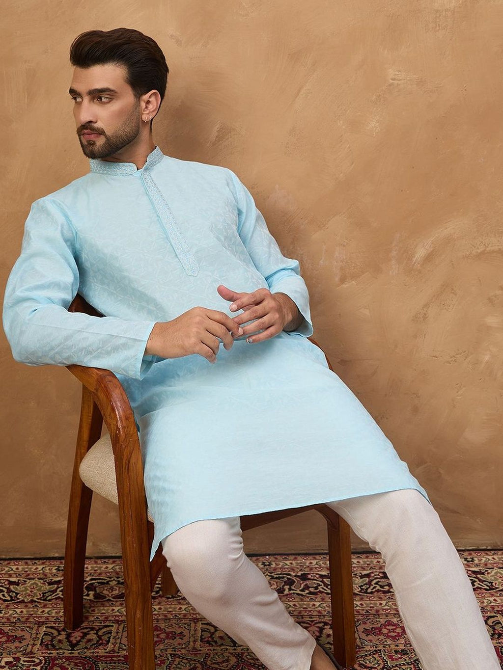 Men Blue Silk Blend Solid Embroidered Straight Kurta With Pant Set-MKSET1452