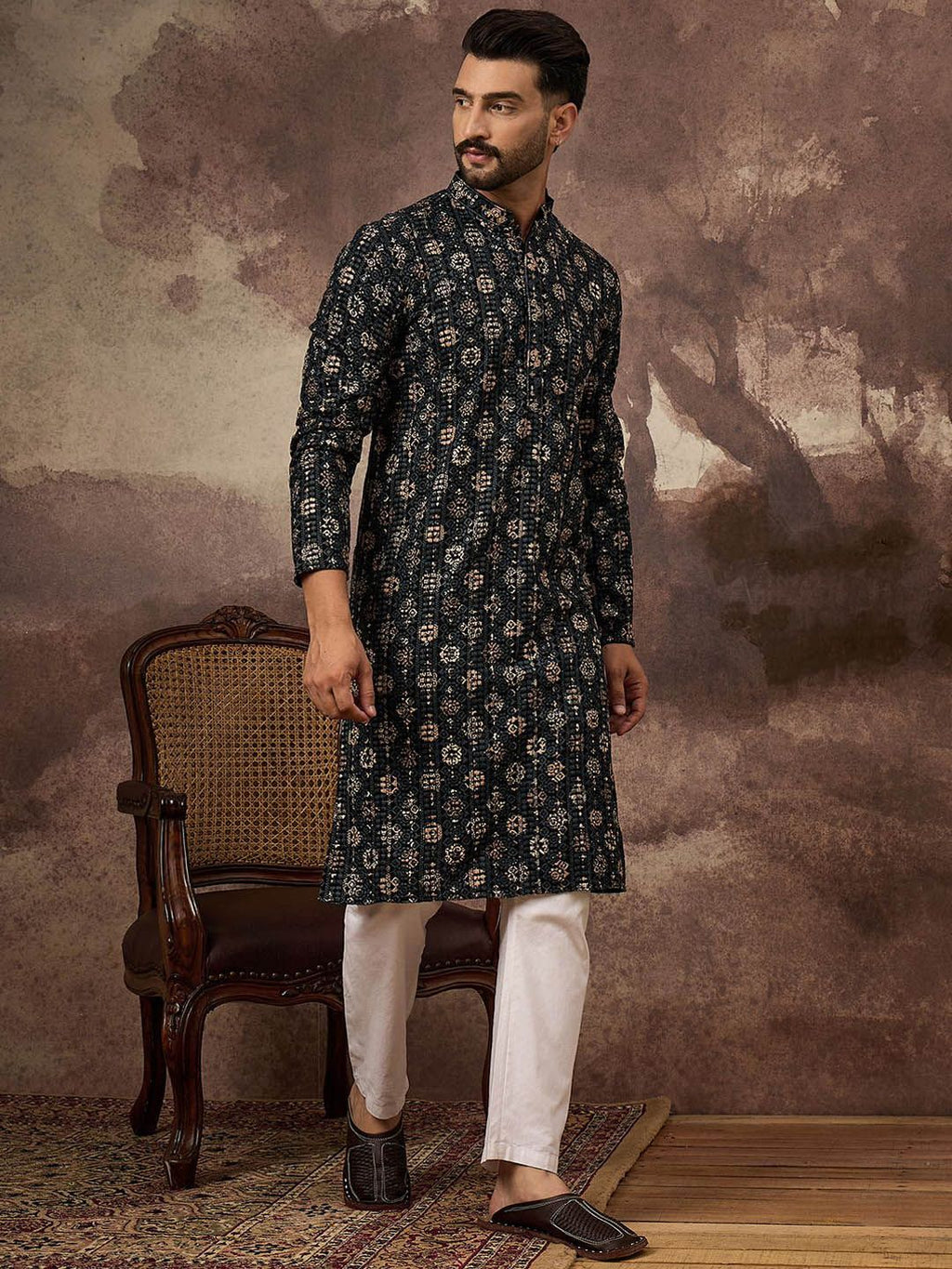 Men Black Viscose Rayon Geometric Embroidered Straight Kurta With Pant Set-MKSET1403