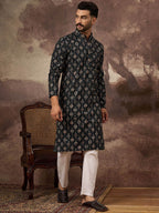 Men Black Viscose Rayon Geometric Embroidered Straight Kurta With Pant Set-MKSET1403