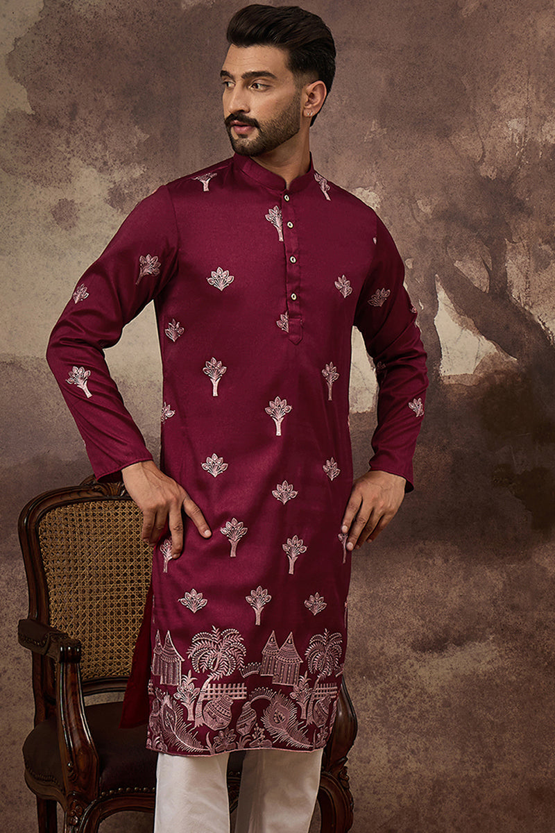 Maroon Silk Blend Solid Embroidered Straight Kurta MKU1329