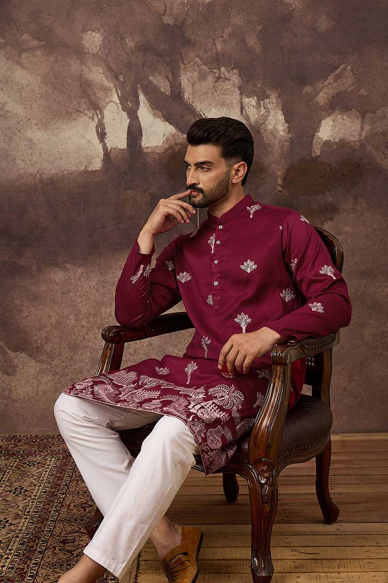 Maroon Silk Blend Solid Embroidered Straight Kurta MKU1329