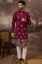 Maroon Silk Blend Solid Embroidered Straight Kurta MKU1329
