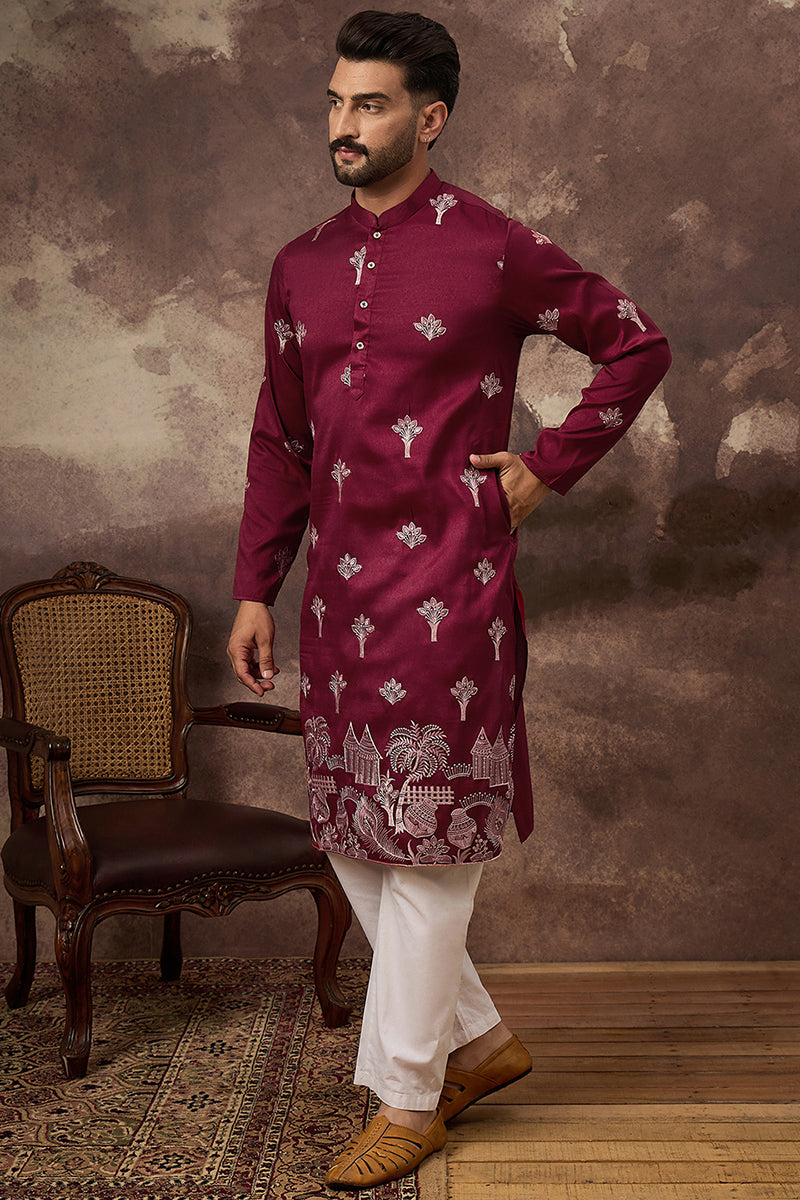 Maroon Silk Blend Solid Embroidered Straight Kurta MKU1329