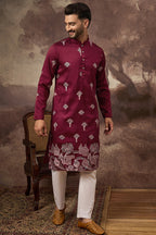 Maroon Silk Blend Solid Embroidered Straight Kurta MKU1329