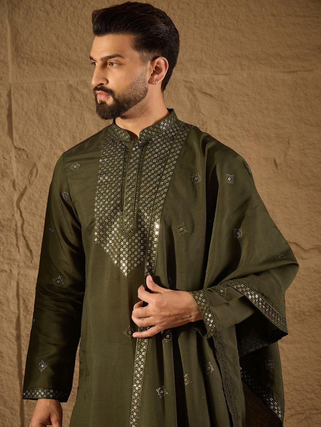 Men Green Silk Blend Embroidered Straight Kurta Trouser with Dupatta-MKPD1001