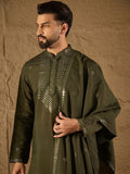 Men Green Silk Blend Embroidered Straight Kurta Trouser with Dupatta-MKPD1001