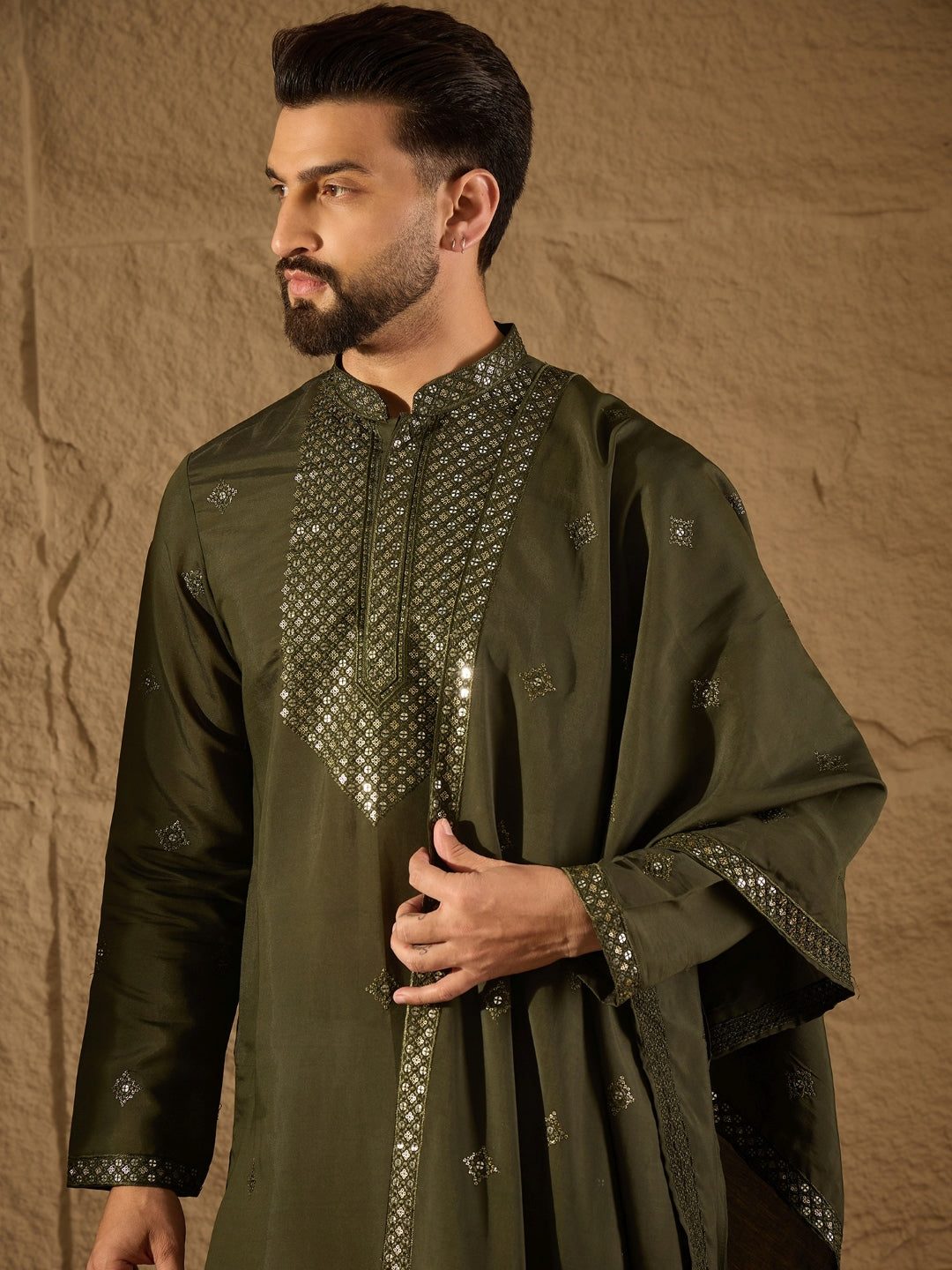 Men Green Silk Blend Embroidered Straight Kurta Trouser with Dupatta-MKPD1001