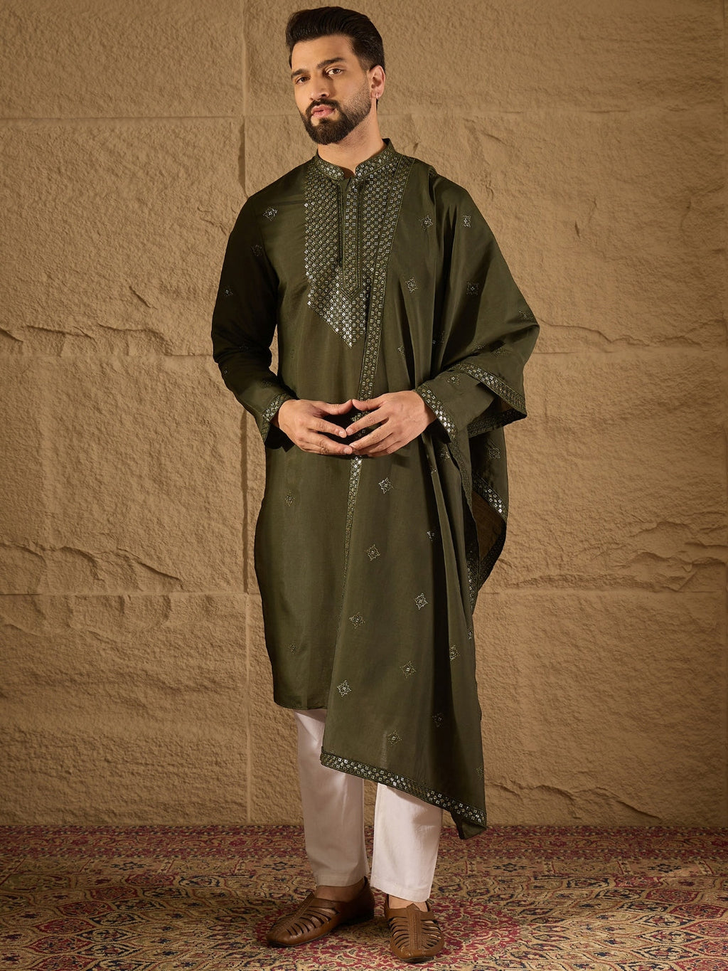 Men Green Silk Blend Embroidered Straight Kurta Trouser with Dupatta-MKPD1001