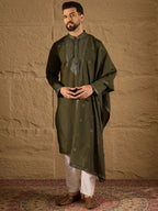 Men Green Silk Blend Solid Embroidered Straight Kurta with Dupatta-MKUD1001