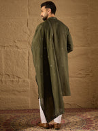 Men Green Silk Blend Solid Embroidered Straight Kurta with Dupatta-MKUD1001