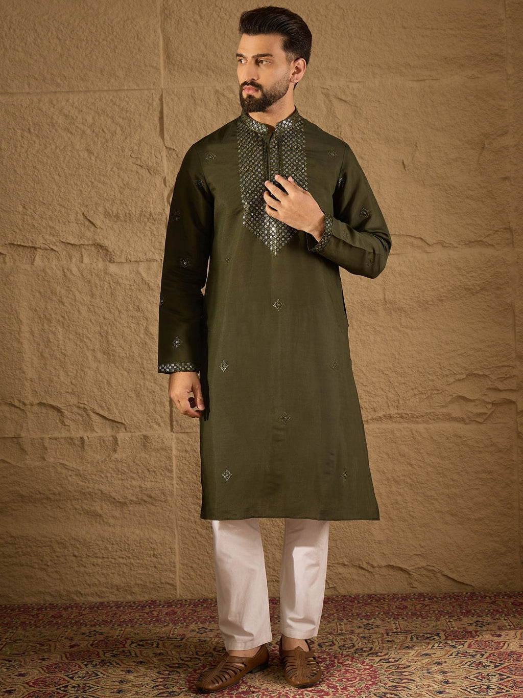 Men Green Silk Blend Embroidered Straight Kurta Trouser with Dupatta-MKPD1001