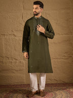 Men Green Silk Blend Embroidered Straight Kurta Trouser with Dupatta-MKPD1001