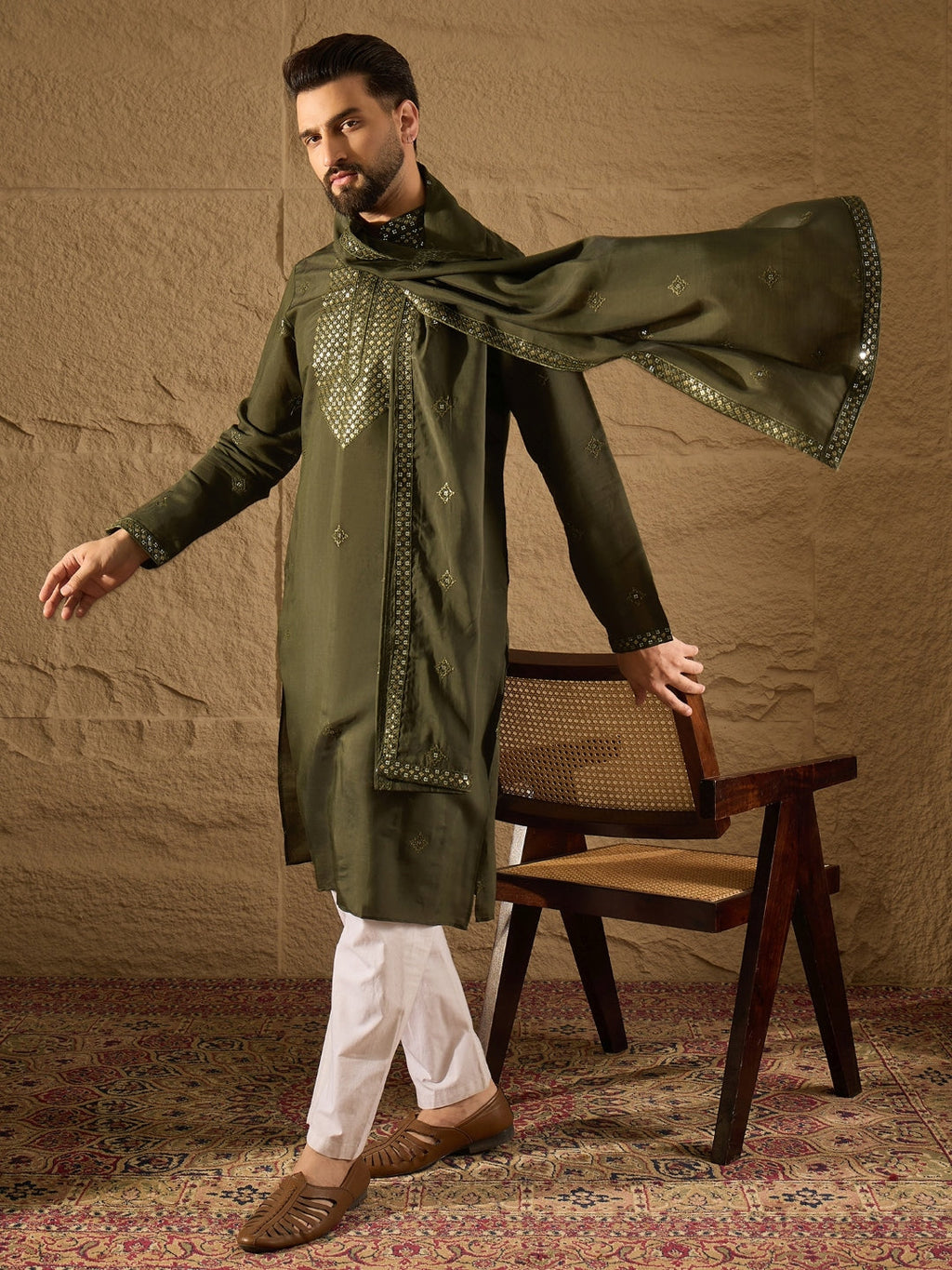 Men Green Silk Blend Embroidered Straight Kurta Trouser with Dupatta-MKPD1001
