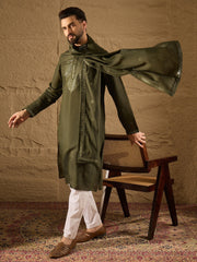 Men Green Silk Blend Embroidered Straight Kurta Trouser with Dupatta-MKPD1001
