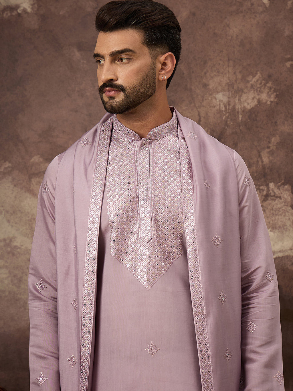 Men Lavender Silk Blend Solid Embroidered Straight Kurta with Dupatta-MKUD1002