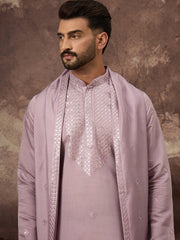 Men Lavender Silk Blend Embroidered Straight Kurta Trouser with Dupatta-MKPD1002