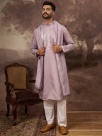 Men Lavender Silk Blend Solid Embroidered Straight Kurta with Dupatta-MKUD1002