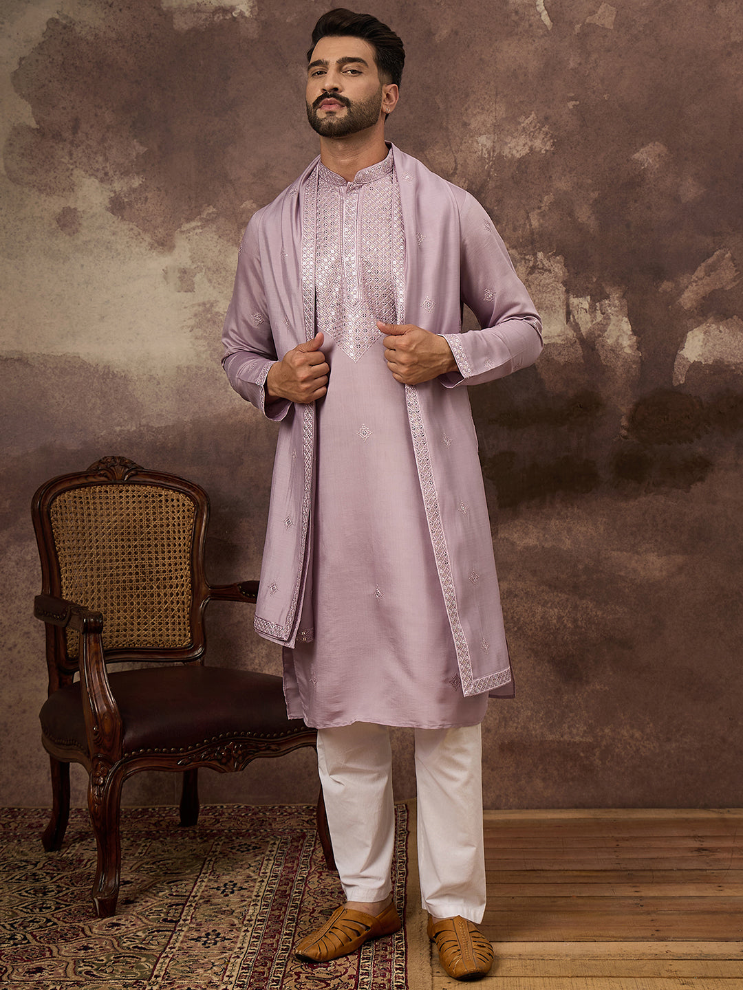 Men Lavender Silk Blend Solid Embroidered Straight Kurta with Dupatta-MKUD1002