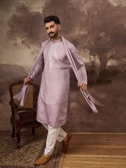Men Lavender Silk Blend Solid Embroidered Straight Kurta with Dupatta-MKUD1002