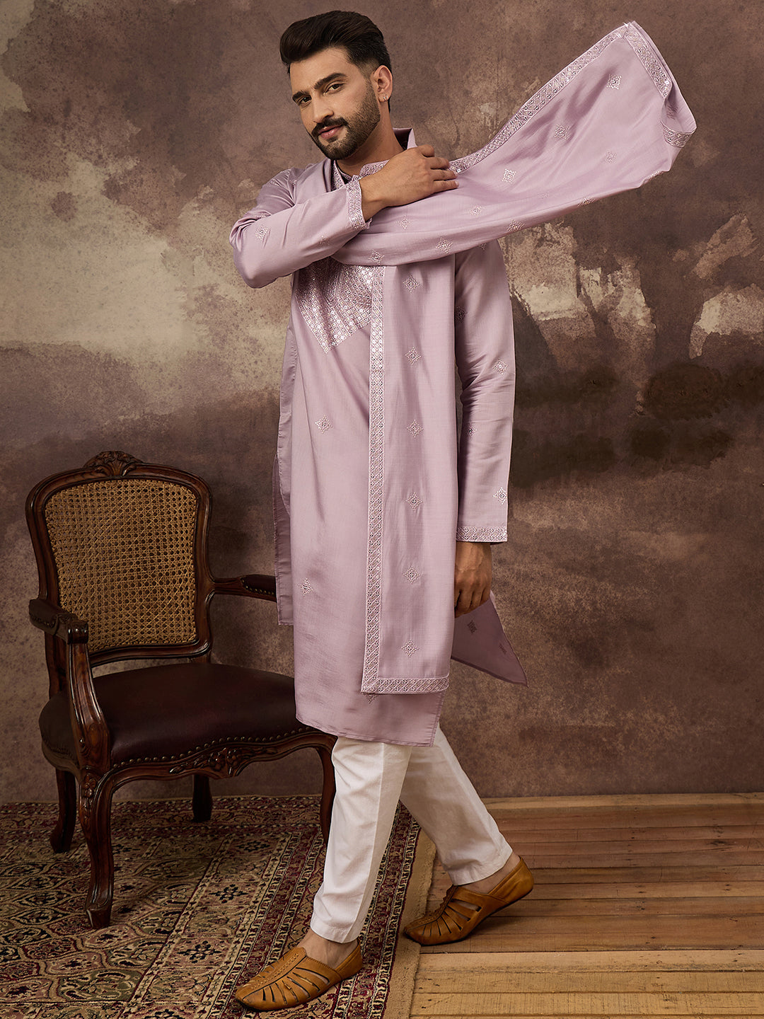Men Lavender Silk Blend Solid Embroidered Straight Kurta with Dupatta-MKUD1002