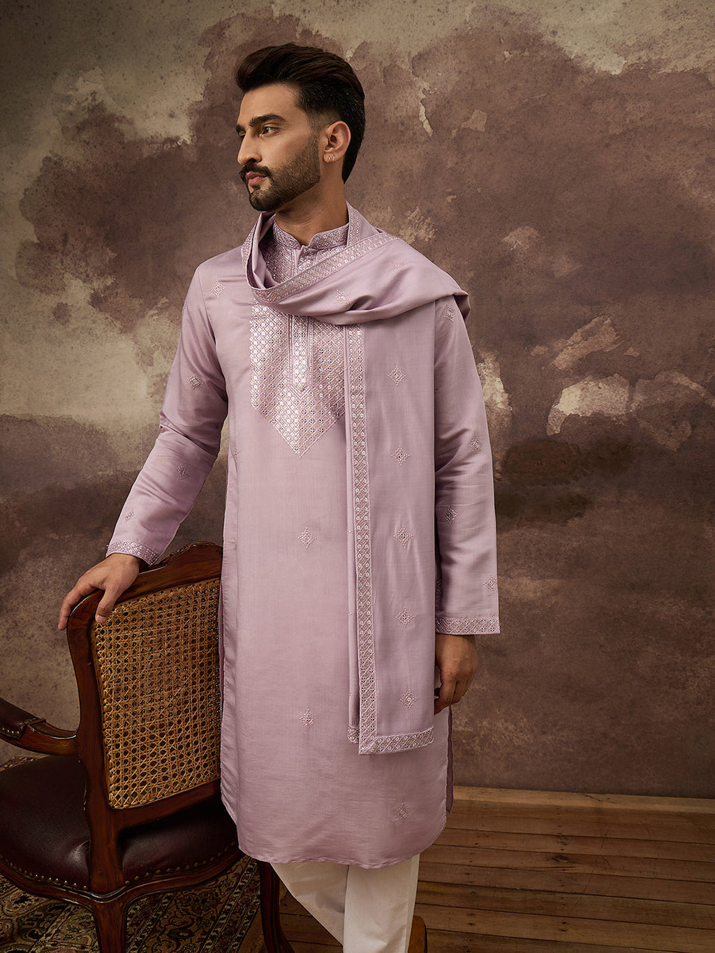 Men Lavender Silk Blend Embroidered Straight Kurta Trouser with Dupatta-MKPD1002