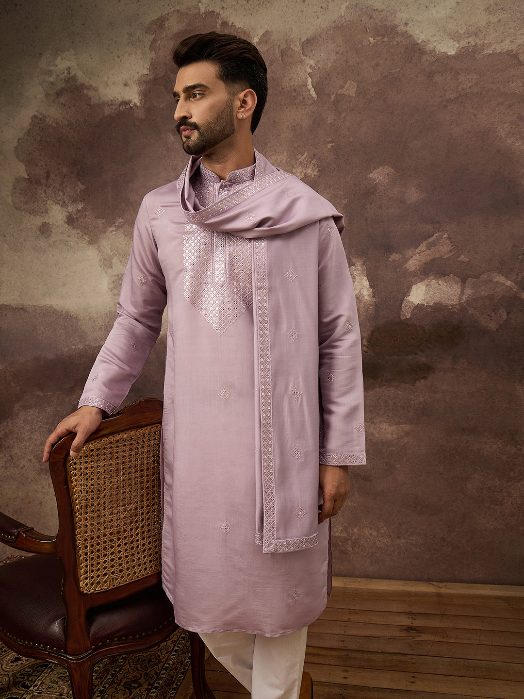 Men Lavender Silk Blend Embroidered Straight Kurta Trouser with Dupatta-MKPD1002