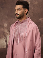 Men Pink Silk Blend Embroidered Straight Kurta Trouser with Dupatta-MKPD1003