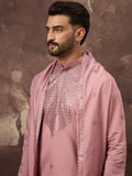 Men Pink Silk Blend Solid Embroidered Straight Kurta with Dupatta-MKUD1003