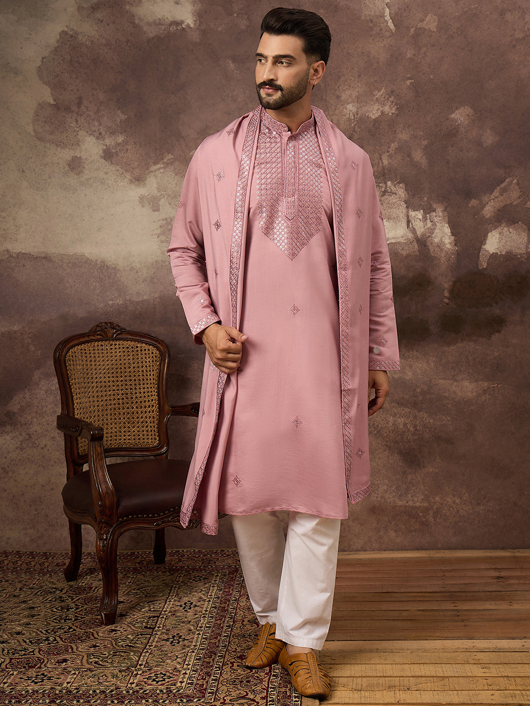 Men Pink Silk Blend Embroidered Straight Kurta Trouser with Dupatta-MKPD1003