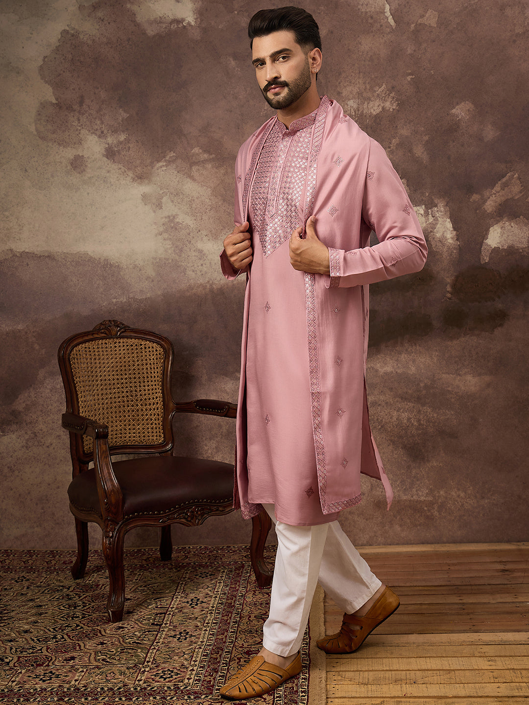 Men Pink Silk Blend Solid Embroidered Straight Kurta with Dupatta-MKUD1003