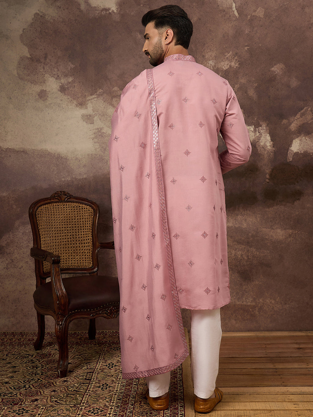 Men Pink Silk Blend Embroidered Straight Kurta Trouser with Dupatta-MKPD1003